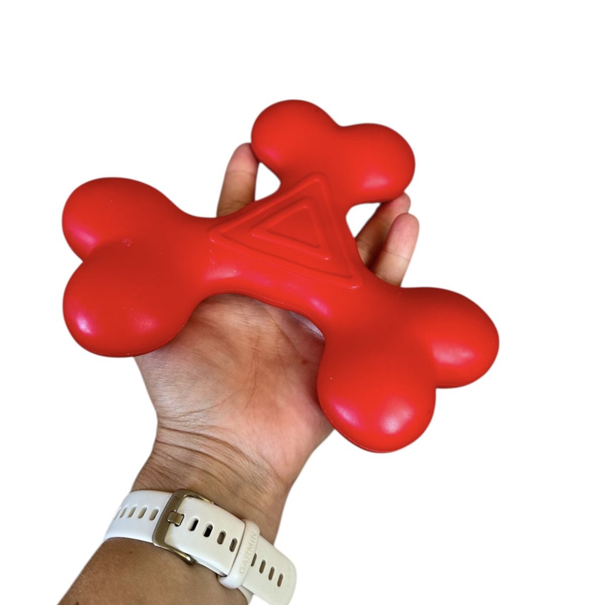 Stor rød gummi hundeleke - Trearmet boomerang 20 cm