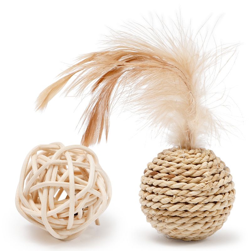 2pk naturlig katteleke med rattan og fjær