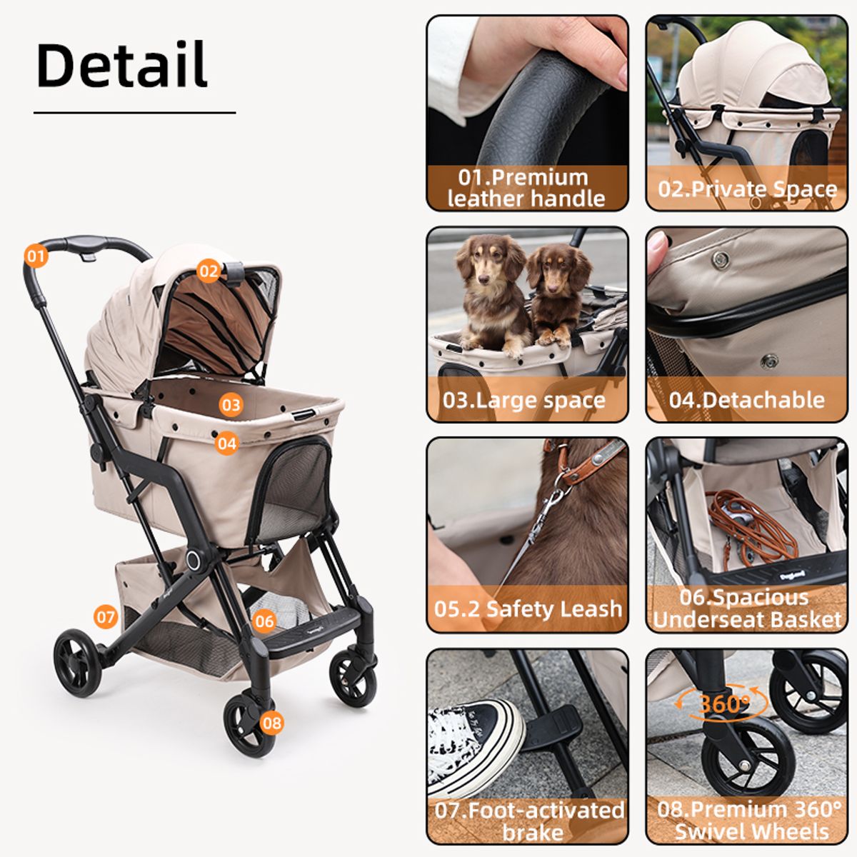 Beige kompakt sammenleggbar hundevogn
