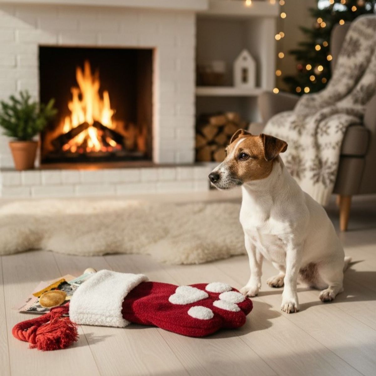 Rød fylt Julestrømpe til hund (10 snacks & leker)