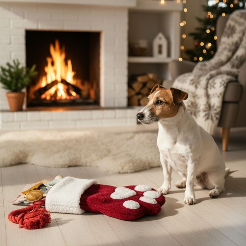 Rød fylt Julestrømpe til hund (10 snacks & leker)