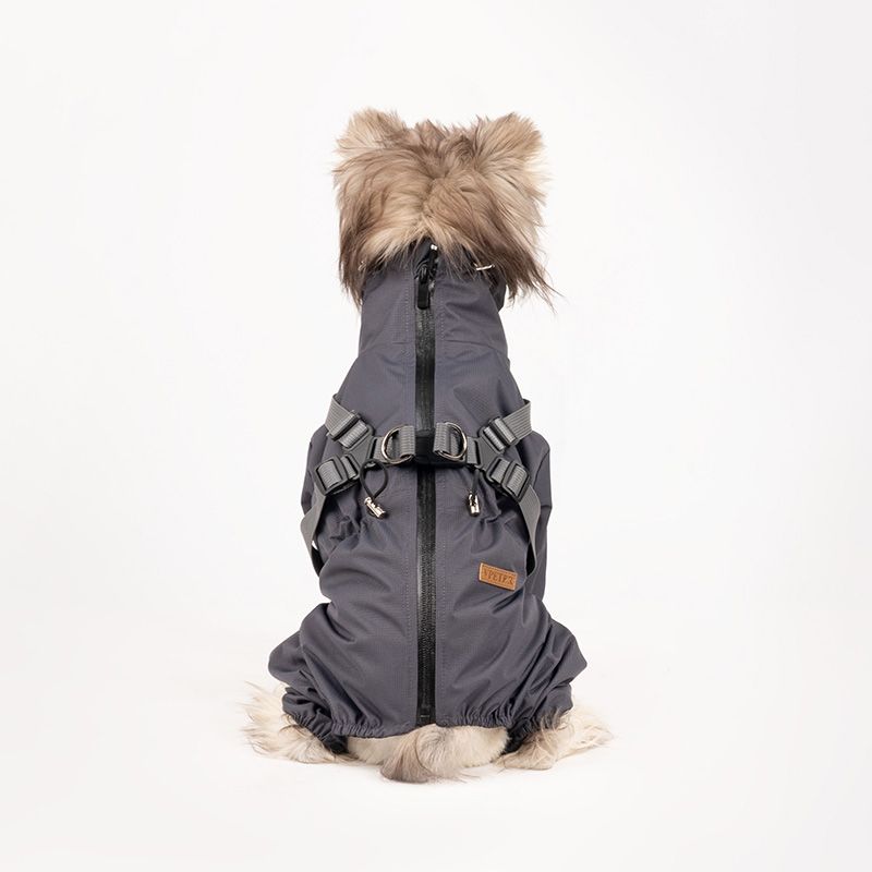 Grå fire-bens overall til hund, hundedress som er vann- og vindtett