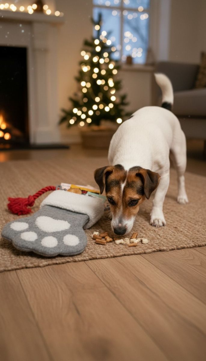 Rød fylt Julestrømpe til hund (10 snacks & leker)