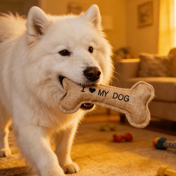 Hovedbilde Stor myk hundeleke – bein “I ♥ MY DOG”
