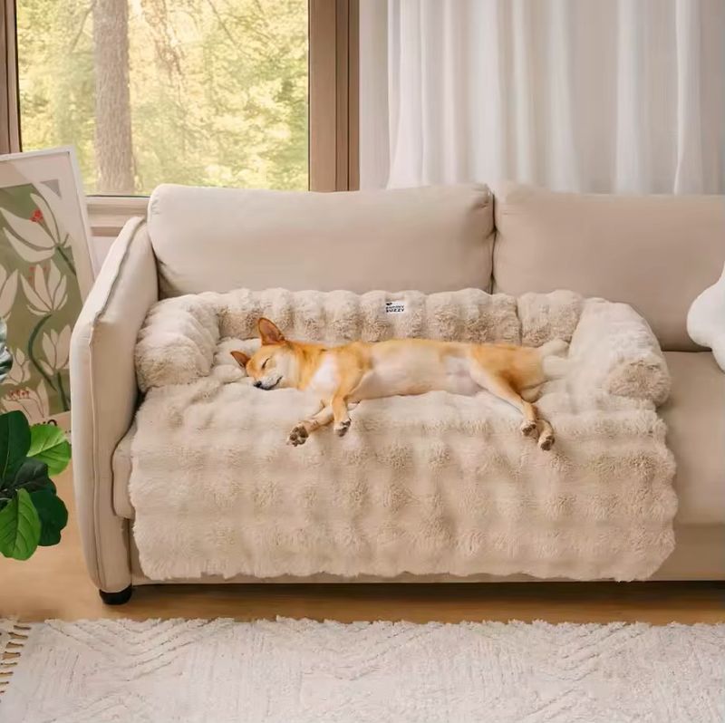 Beige fluffy sofaseng til hund og katt - Large