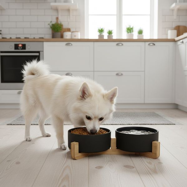 Hovedbilde Sort dobbel hundeskål med bambus stativ - 2 str